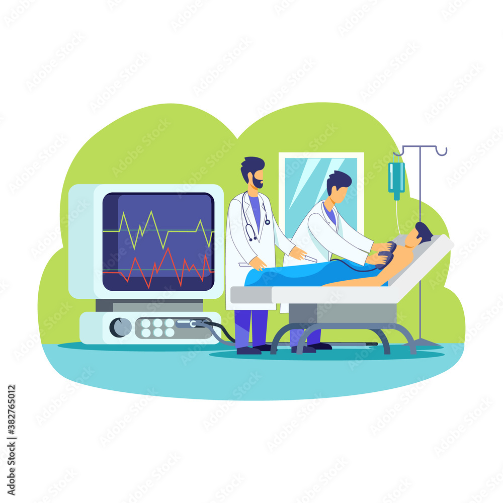 Doctors visiting patient lying on hospital bed illustration concept