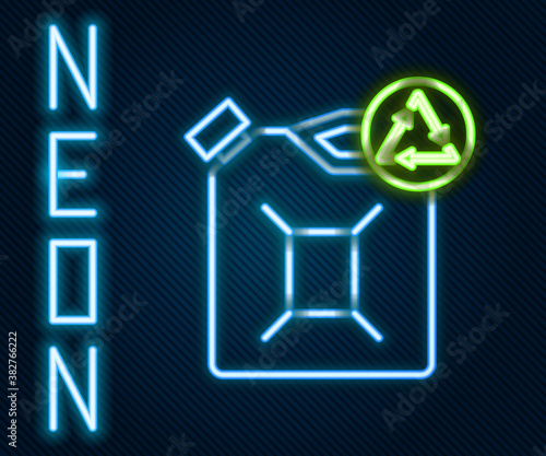 Glowing neon line Eco fuel canister icon isolated on black background. Eco bio and barrel. Green environment and recycle. Colorful outline concept. Vector Illustration.