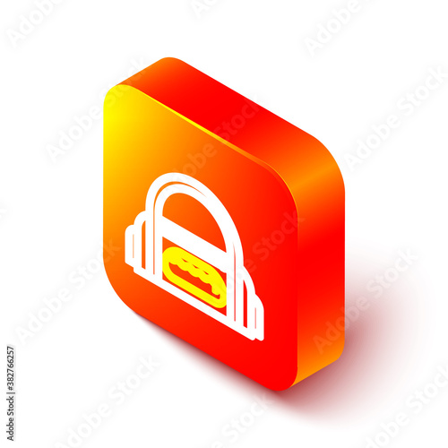 Isometric line Sport bag icon isolated on white background. Orange square button. Vector Illustration.