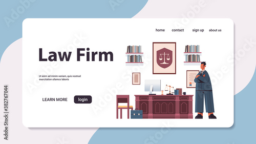 male lawyer standing near at workplace legal law advice and justice concept modern office interior full length horizontal copy space vector illustration