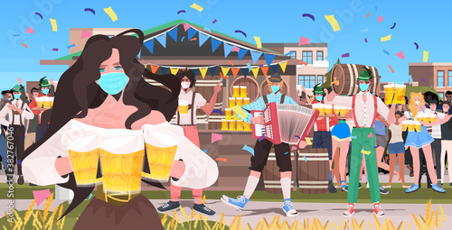 people in masks drinking beer octoberfest party celebration open air outdoor festival cityscape background full length horizontal vector illustration