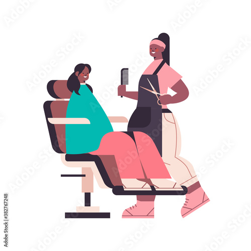 hairdresser making hair style to african american client in beauty salon full length isolated vector illustration
