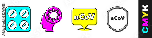 Set Pills in blister pack, Human and virus, Corona virus 2019-nCoV on location and Shield protecting from virus icon. Vector.