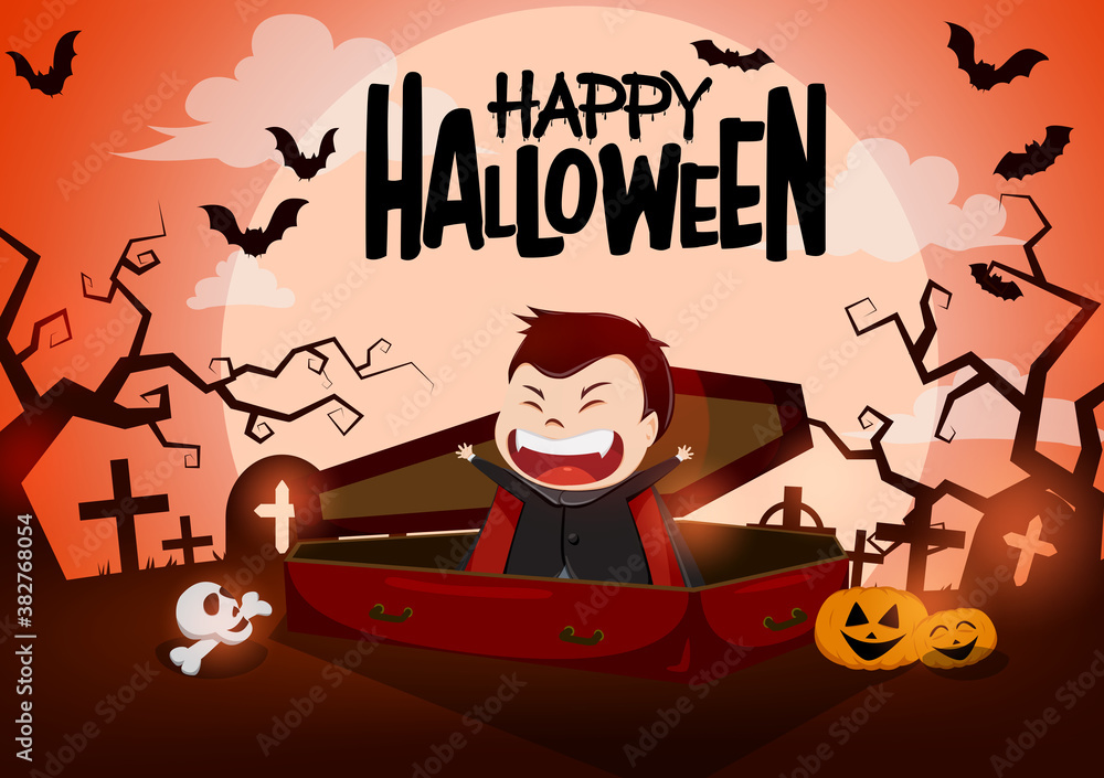 Halloween vampire character vector background design. Happy halloween text with funny vampire character in casket and scary cemetery background for horror trick or treat design. Vector illustration 