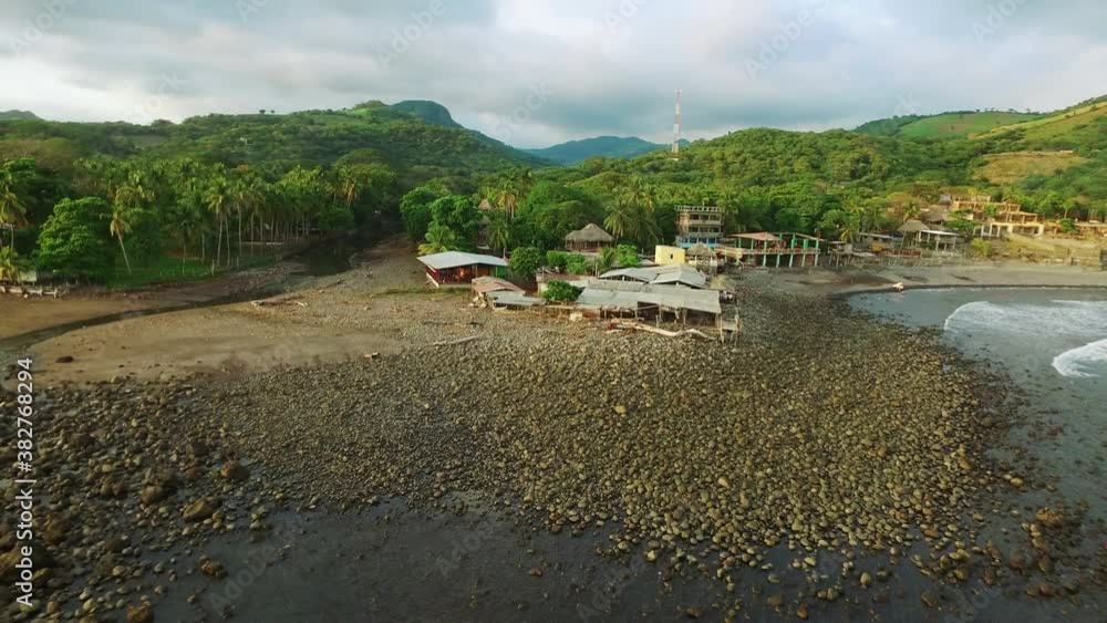 Aerial, zoom out, a beachside town, El Salvador Aerial, zoom out, a beachside town, El Salvador