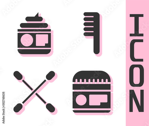 Set Cream or lotion cosmetic tube, Cream or lotion cosmetic tube, Cotton swab for ears and Hairbrush icon. Vector.