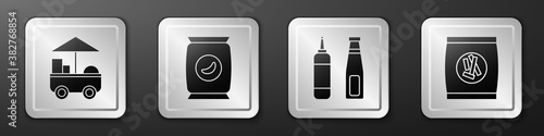 Set Fast street food cart, Bag or packet potato chips, Sauce bottle and Hard bread chucks crackers icon. Silver square button. Vector.