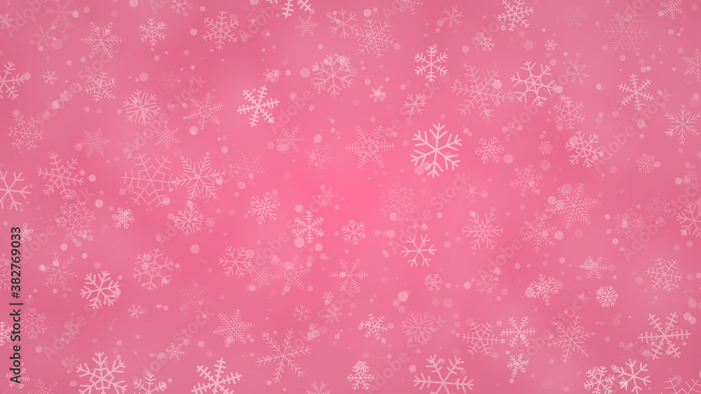 Christmas background of snowflakes of different shapes, sizes and transparency in pink colors