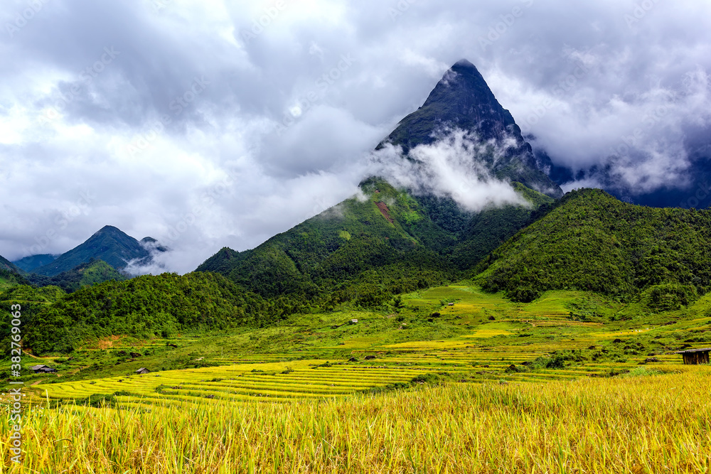 Terraced rice fields near Chu Va mountain with flying clouds in Lao Cai province, Vietnam