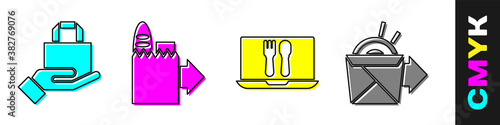 Set Online ordering and delivery, Online ordering and delivery, Online ordering and delivery and Online ordering noodles delivery icon. Vector.