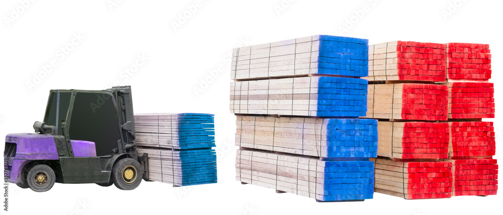 Obraz premium timber stack for construction with forklifter isolated on white. wood industry