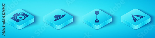 Set Isometric Photo camera, Elegant women hat, Tourist tent and Paddle icon. Vector.