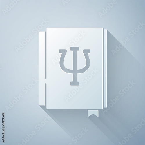 Paper cut Psychology book icon isolated on grey background. Psi symbol. Mental health concept, psychoanalysis analysis and psychotherapy. Paper art style. Vector.