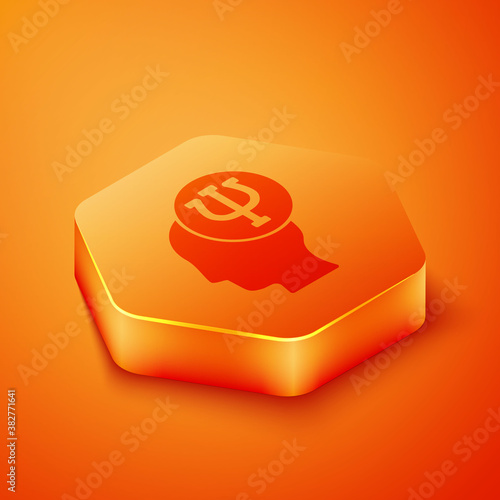 Isometric Psychology icon isolated on orange background. Psi symbol. Mental health concept, psychoanalysis analysis and psychotherapy. Orange hexagon button. Vector.