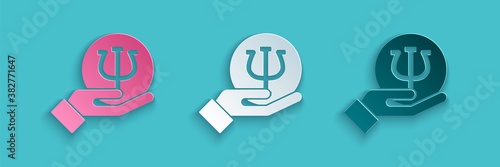 Paper cut Psychology icon isolated on blue background. Psi symbol. Mental health concept, psychoanalysis analysis and psychotherapy. Paper art style. Vector.