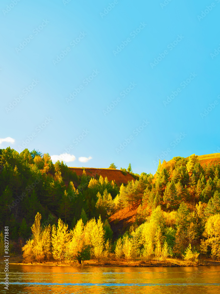 Bank of the Kama River, Russia, autumn landscape. Highland, ravine