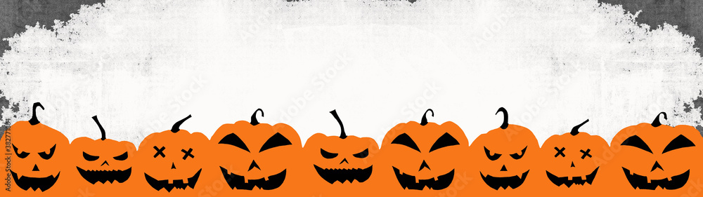 HALLOWEEN background banner wide panoramic panorama template -Orange silhouette of scary carved luminous cartoon pumpkins isolated on grunge white grey gray texture
HALLOWEEN background banner wide panoramic panorama template -Orange silhouette of scary carved luminous cartoon pumpkins isolated on grunge white grey gray texture