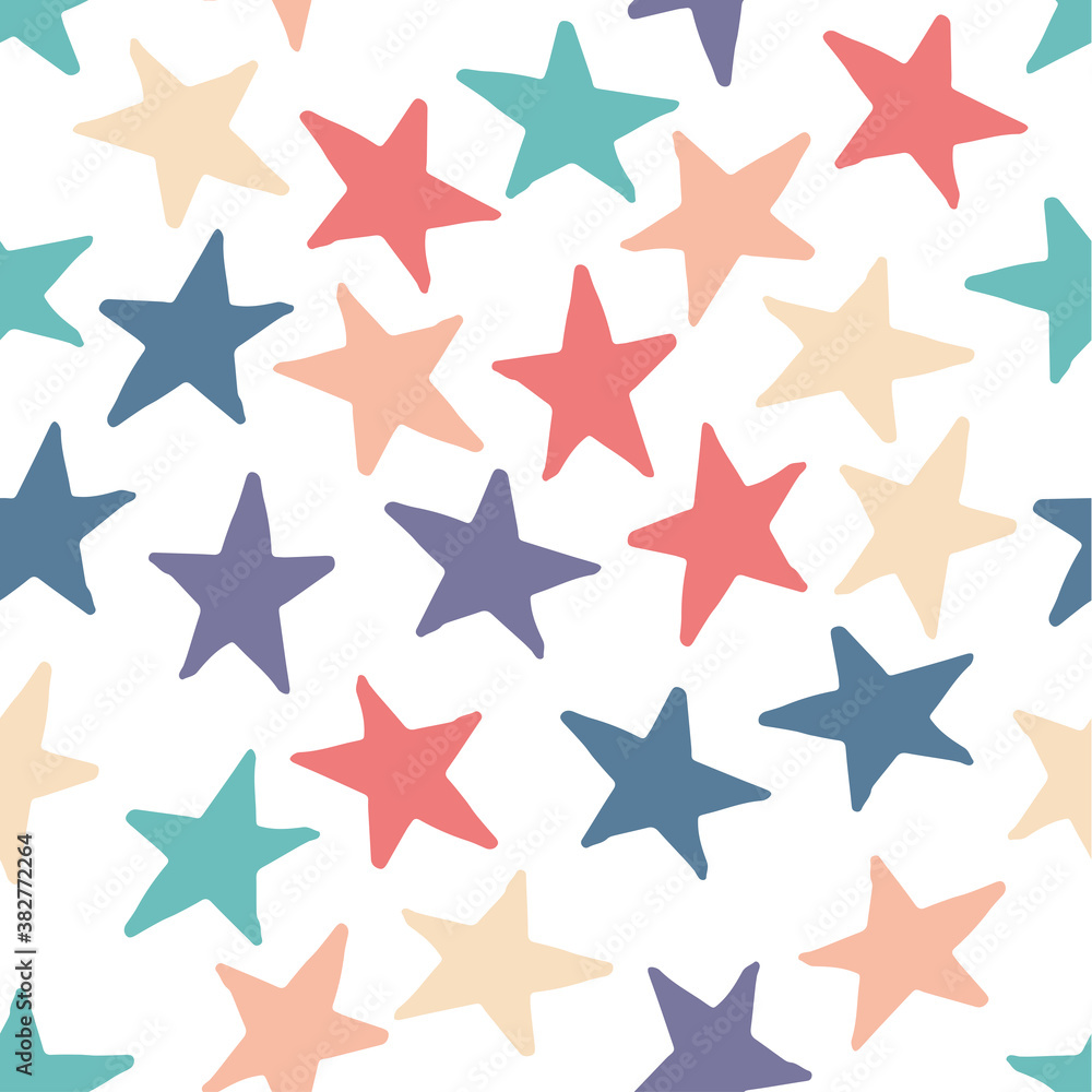 Seamless pattern with blue, violet and pink stars on white background. Vector design for textile, backgrounds, clothes, wrapping paper and wallpaper. Fashion illustration hand drawn seamless pattern. Seamless pattern with blue, violet and pink stars on white background. Vector design for textile, backgrounds, clothes, wrapping paper and wallpaper. Fashion illustration hand drawn seamless pattern.