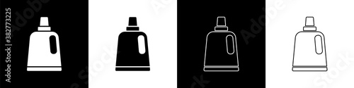 Set Plastic bottle for laundry detergent, bleach, dishwashing liquid or another cleaning agent icon isolated on black and white background. Vector.