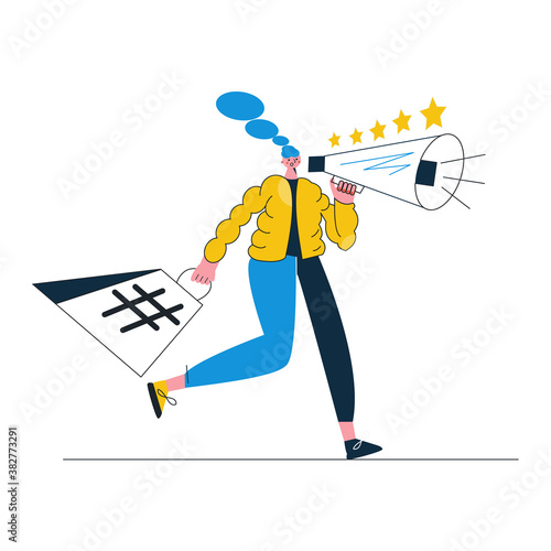 Influencer concept. Young female character with loudspeaker. A girl, a brand ambassador and a promoter advertises a product in a gramophone. Product feedback five stars. Flat vector illustration