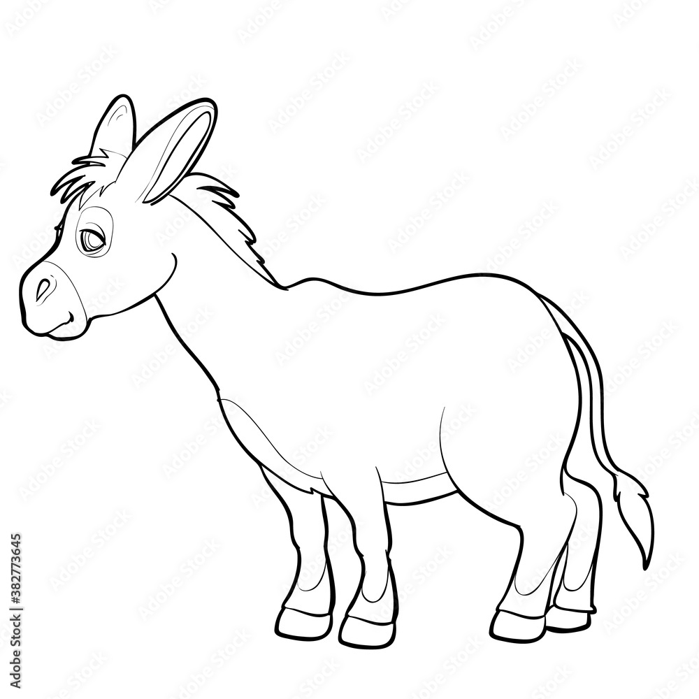 sketch of a cute donkey, coloring book, isolated object on white background, cartoon illustration, vector illustration,