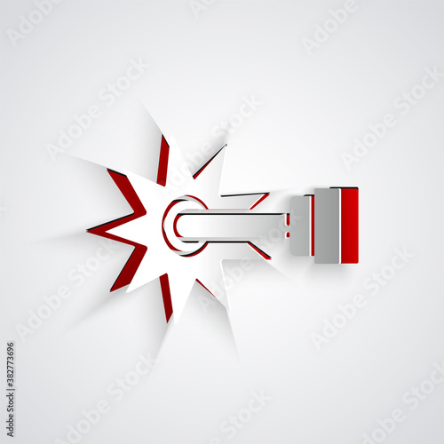 Paper cut Cowboy horse riding spur for boot icon isolated on grey background. Paper art style. Vector.