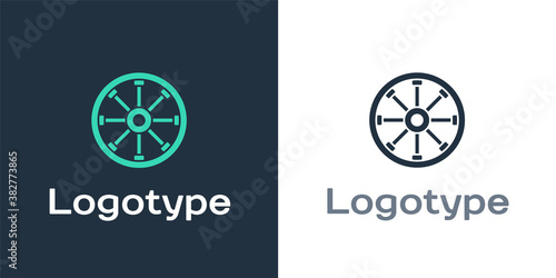 Logotype Old wooden wheel icon isolated on white background. Logo design template element. Vector.