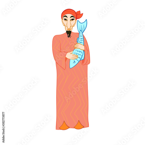 arab, bedouin in national dress, holding a fish, isolated object on white background, cartoon illustration, vector illustration,