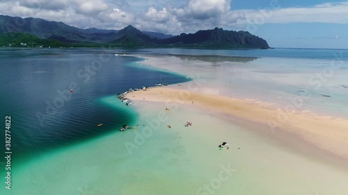 Aerial, pov, Kaneohe Bay in the morning, Hawaii, USA