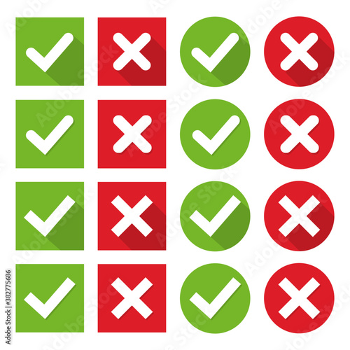Set green check marks and red crosses of simple web buttons. Circle and square. Large collection of flat buttons with long shadow. Vector illustration.