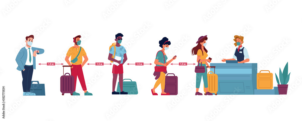 Airport queue, social distance people in masks standing at line to passport control, vector flat. Coronavirus Covid people social distance in airport counter check boarding or baggage lost claim desk
