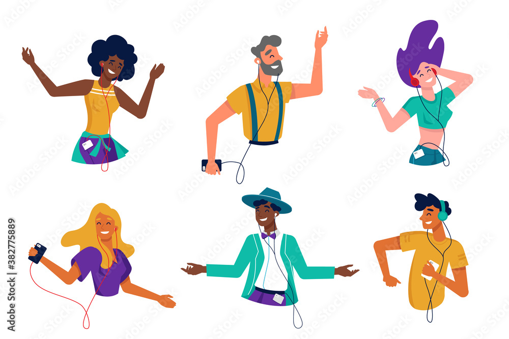 Vecteur Stock Set of cartoon people listen to music using headphones. Flat  characters with earphones listening to mp3 sound. Adult and teenager  musical lover dance. Smartphone audio theme. Entertainment | Adobe Stock