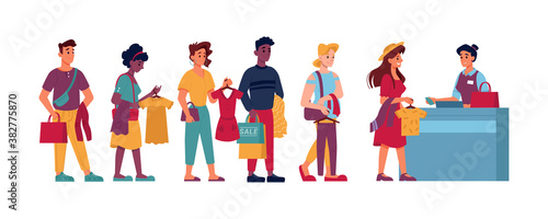 Queue in clothing store, people with clothes in hands in line to cashier, vector flat cartoon isolated. People shopping in queue, buying clothes at trade center at checkout counter, men and women wait