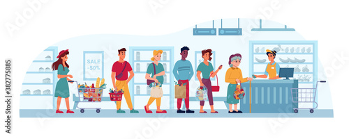 Store queue, supermarket or grocery, people in line to cashier, vector flat cartoon. People in queue buying and paying at shop checkout counter, man and old woman waiting with paper bags and baskets