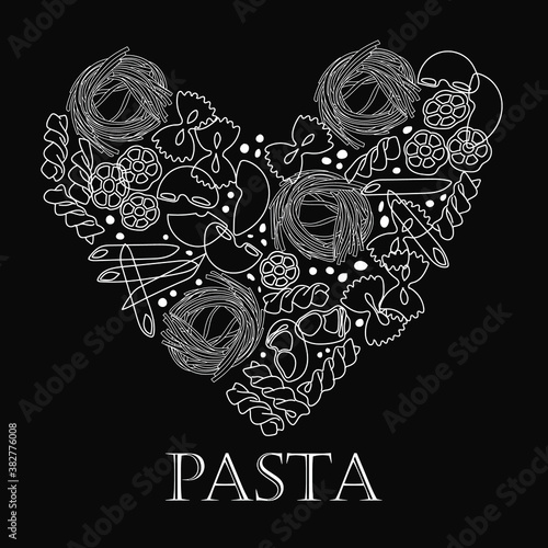 Different types of pasta in the shape of a heart. White drawing on a black background, drawing with chalk on a slate. Menu design, printing, cafe interior design.