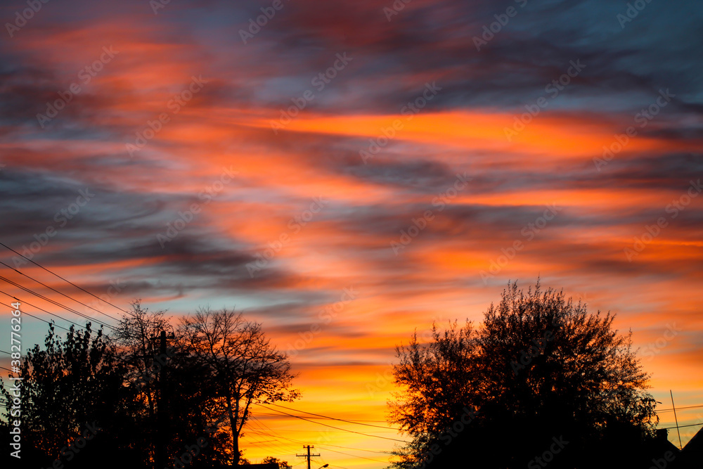 Obraz premium Fire sunset with hazy clouds and backlit tree