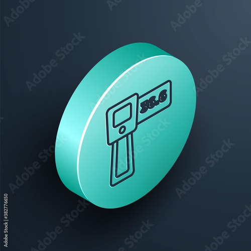 Isometric line Digital contactless thermometer with infrared light icon isolated on black background. Turquoise circle button. Vector.