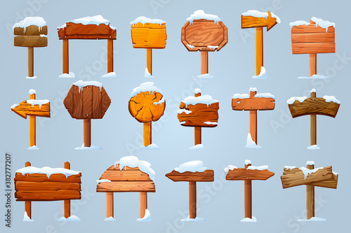 Set of wooden pillars signboards in snow isolated. Vector information boards, blank guideposts, arrows direction pointers in ice. Winter holidays banners for Christmas New Year greeting cards
