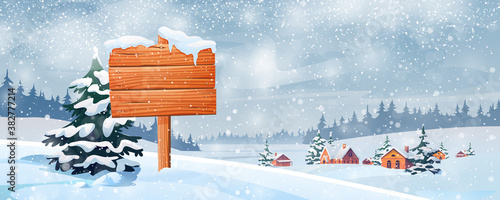 Snowy landscape and wooden sign board vector. Christmas time scenery, village in snow, forest and fir trees. Signboard information billboard, snowflakes, New Year or Xmas time at countryside