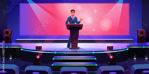 Stage with speaker at podium tribune, sitting rows, projection screen monitor display cartoon vector. Convention conference hall for concert, investment project presentation. Businessman giving speech