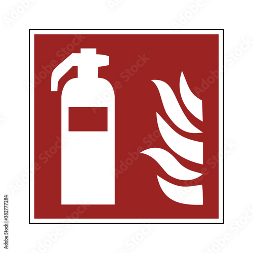 Fire extinguisher sign. Fire safety warning sign. Vector illustration of red square board with extinguisher and fire flames inside. Fire protection symbol isolated on white background.