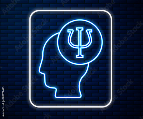 Glowing neon line Psychology icon isolated on brick wall background. Psi symbol. Mental health concept, psychoanalysis analysis and psychotherapy. Vector.