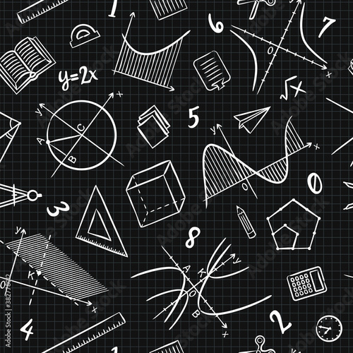 Seamless chalk doodle pattern with school algebra elements. Pattern with mathematical objects, charts and graphs on checkered notebook sheet. Vector background.