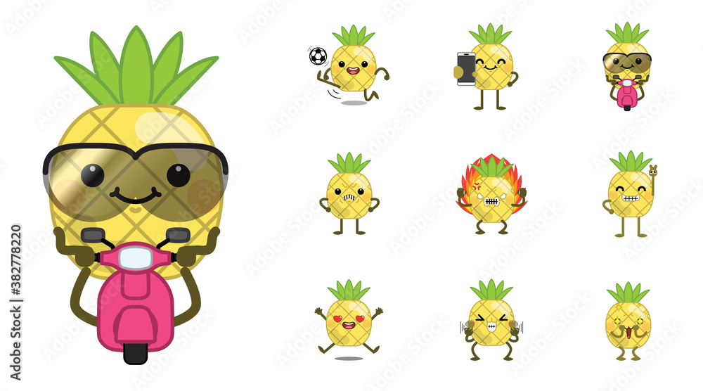 Set of cute cartoon pineapple emoji set isolated on white background. Vector Illustration. Set of cute cartoon pineapple emoji set isolated on white background. Vector Illustration.