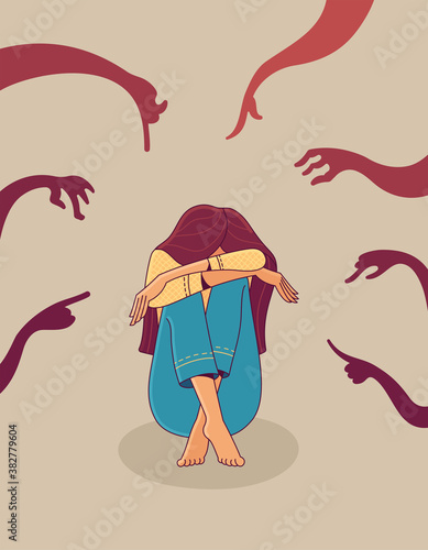 Young stressed girl sitting on floor. Silhouettes of creature hands with pointing fingers to her. Cartoon illustration of bullying, loneliness, and psychotherapy. Vector flat character