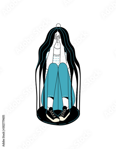 Crying woman character sitting inside cage made of her long loose hair on white background. Anxiety, mental disorder, loneliness, and depression vector cartoon illustration