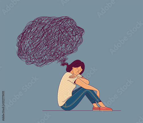 Unhappy girl character sitting on floor and dark thinking bubble over head on grey background as illustration of mental disorder psychotherapy concept, overthinking and loneliness