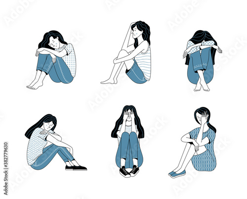 Set of female characters suffering from depression on white background as illustration of loneliness mental disorder and psychotherapy concept