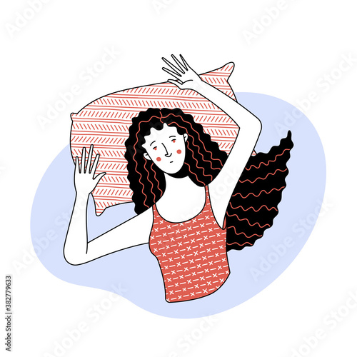 Young tired brunette woman character in top lying on pillow on white background as illustration of insomnia mental disorder and psychotherapy concept