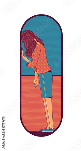 Tired woman standing inside large pill. Drug addiction and mental disorder cartoon concept. Flat duotone illustration